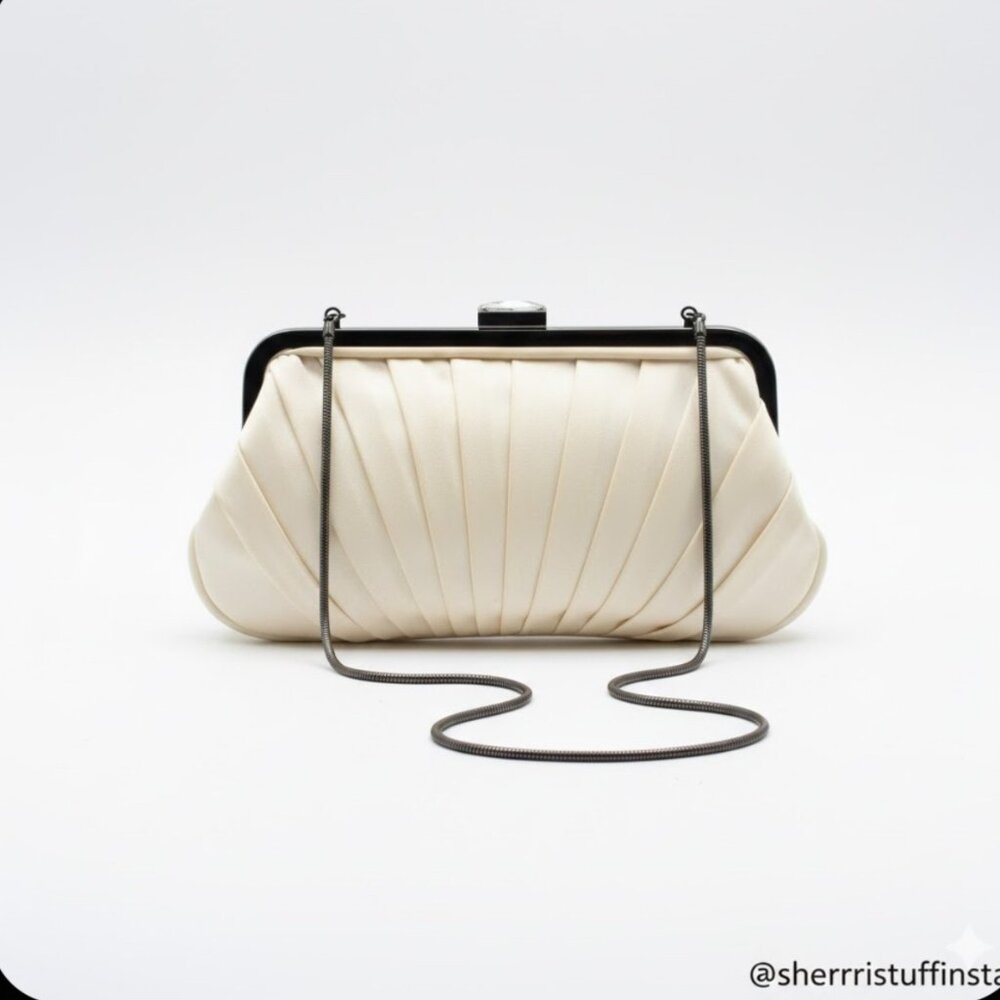 Vintage Kate Landry Pleated Satin Clutch Silver Chain Strap & Rhinestone Clasp - Picture 2 of 16